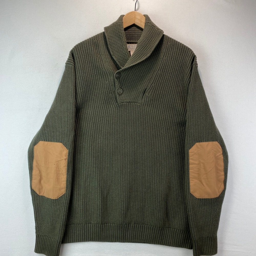 Duluth Trading Co Shawl Collar Sweater Mens L Olive Green Elbow Patch Heavy Knit